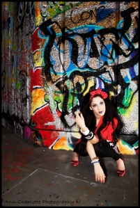 Minnie Mouse. red, trendy, fashion shoot, Samantha Ria, southbank, graffiti, skatepark